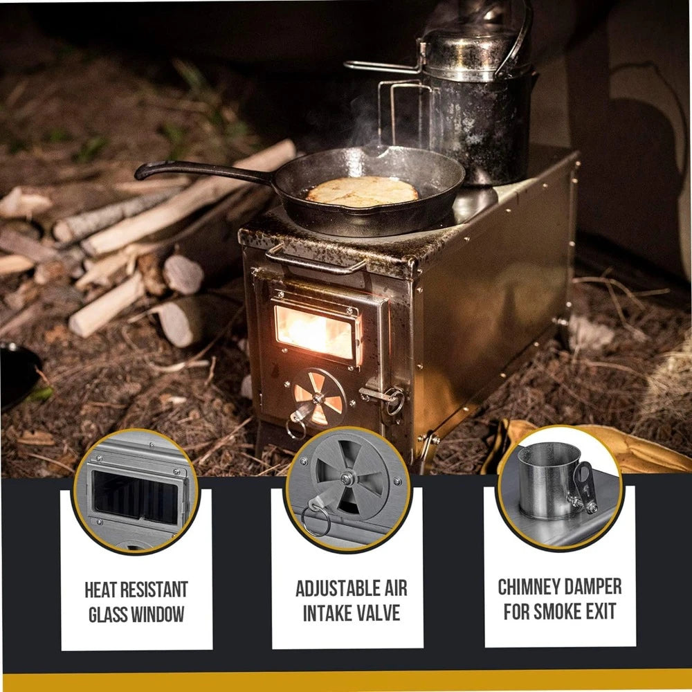 TIGER ROAR Tent Stove, Portable Wood Burning Stove for Winter Camping Hunting and Outdoor Cooking, Pipes Included.