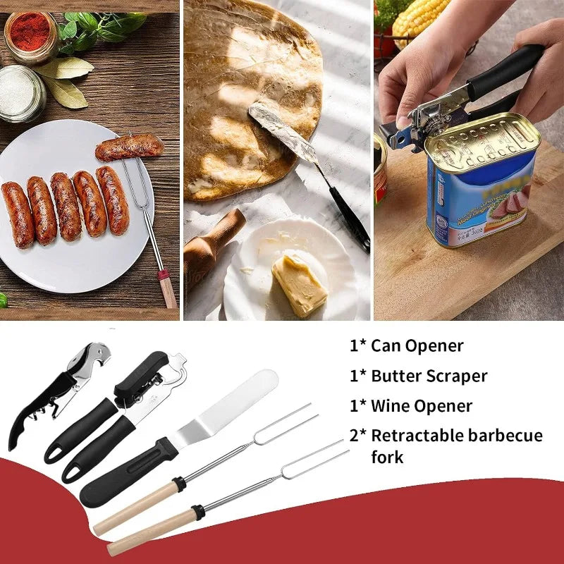 Portable Camping Kitchen Utensil Set-27 Piece Cookware Kit, Stainless Steel Outdoor Cooking and Grilling Utensil Organizer