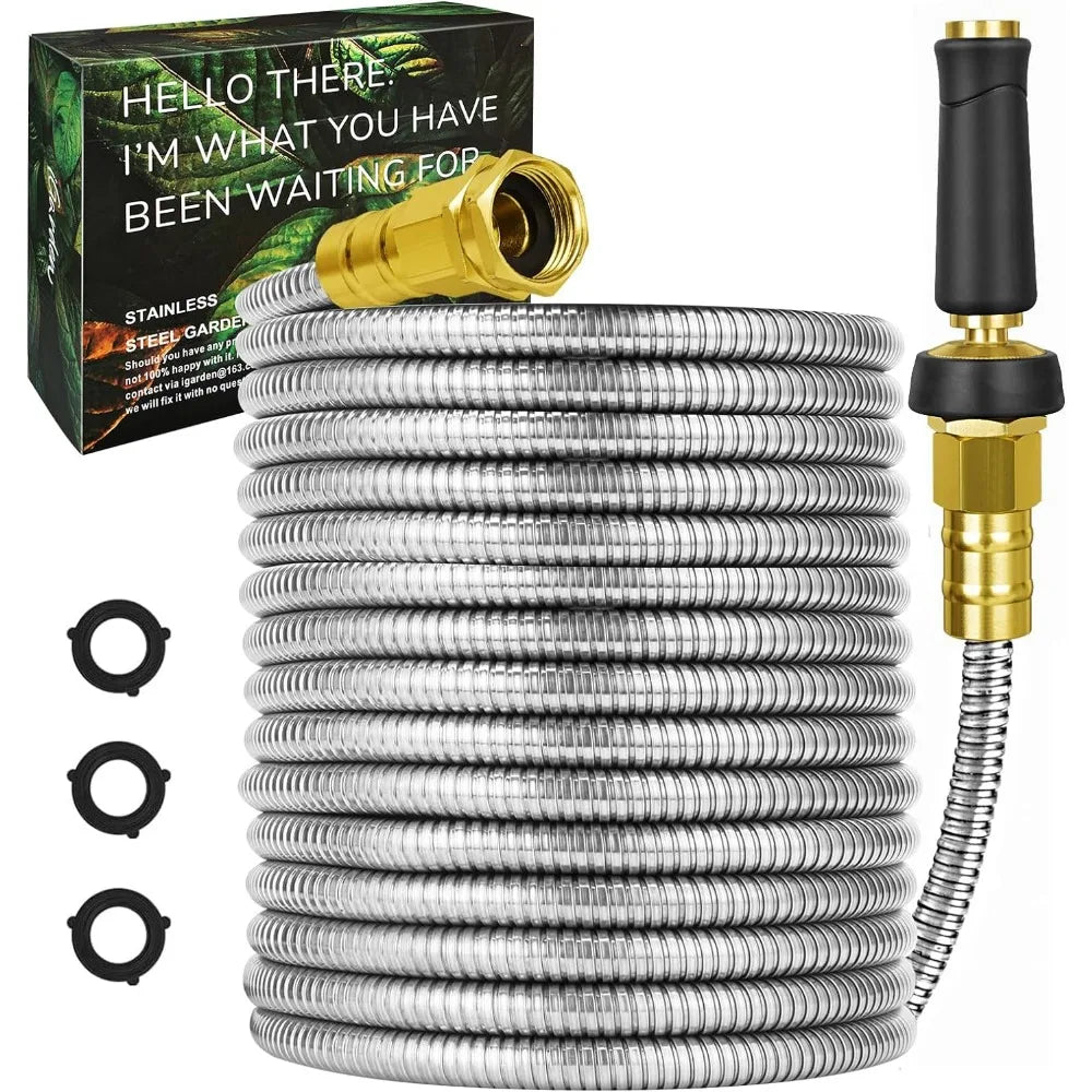 Metal Garden Hose 100FT with Brass Nozzle, Stainless Steel 304 Water Hose, Flexible No Kink Hose