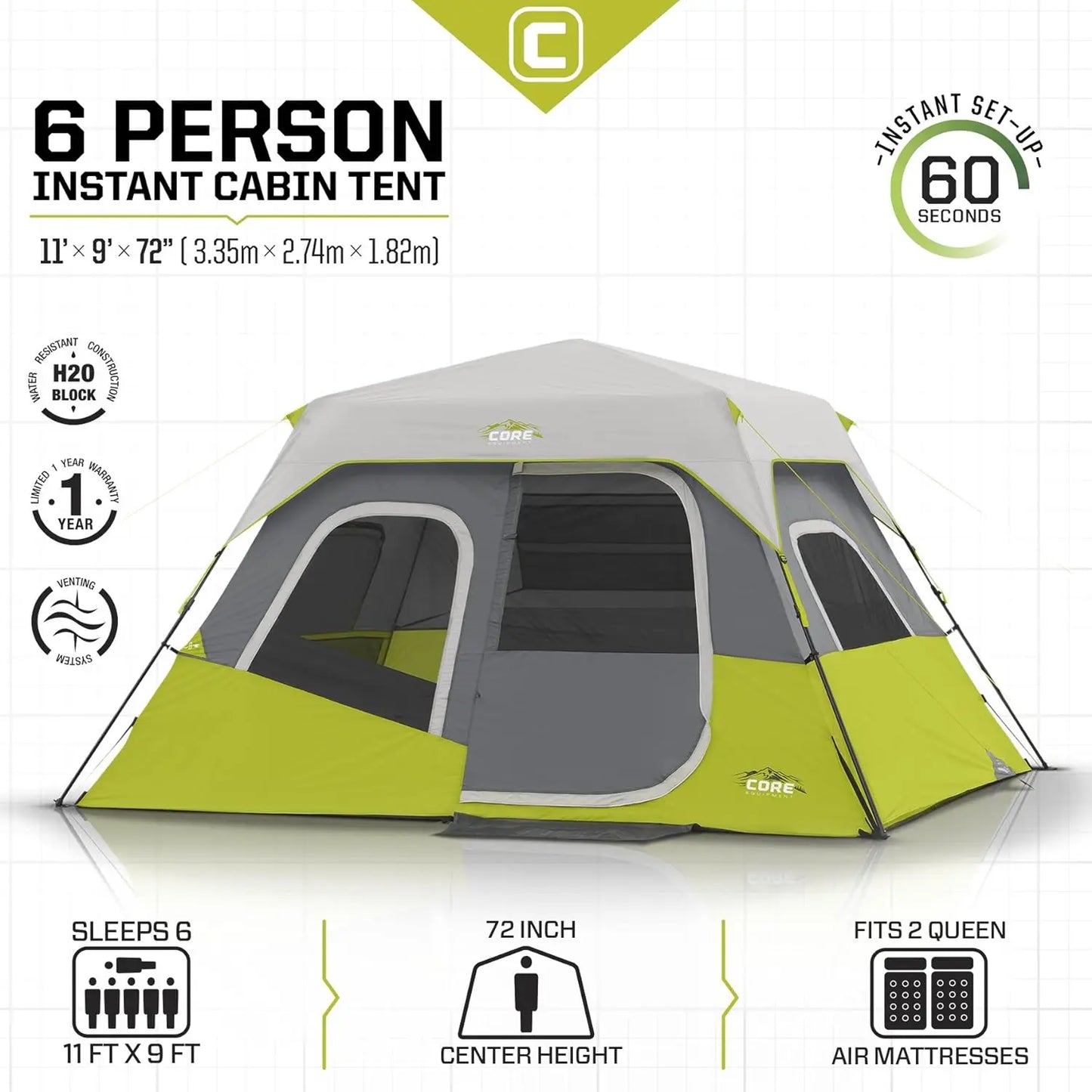 Camping Tent for 6 Person, Easy 60 Second Camp Setup, Included Hanging Organizer for Camp Accessories, Family Camping Tent