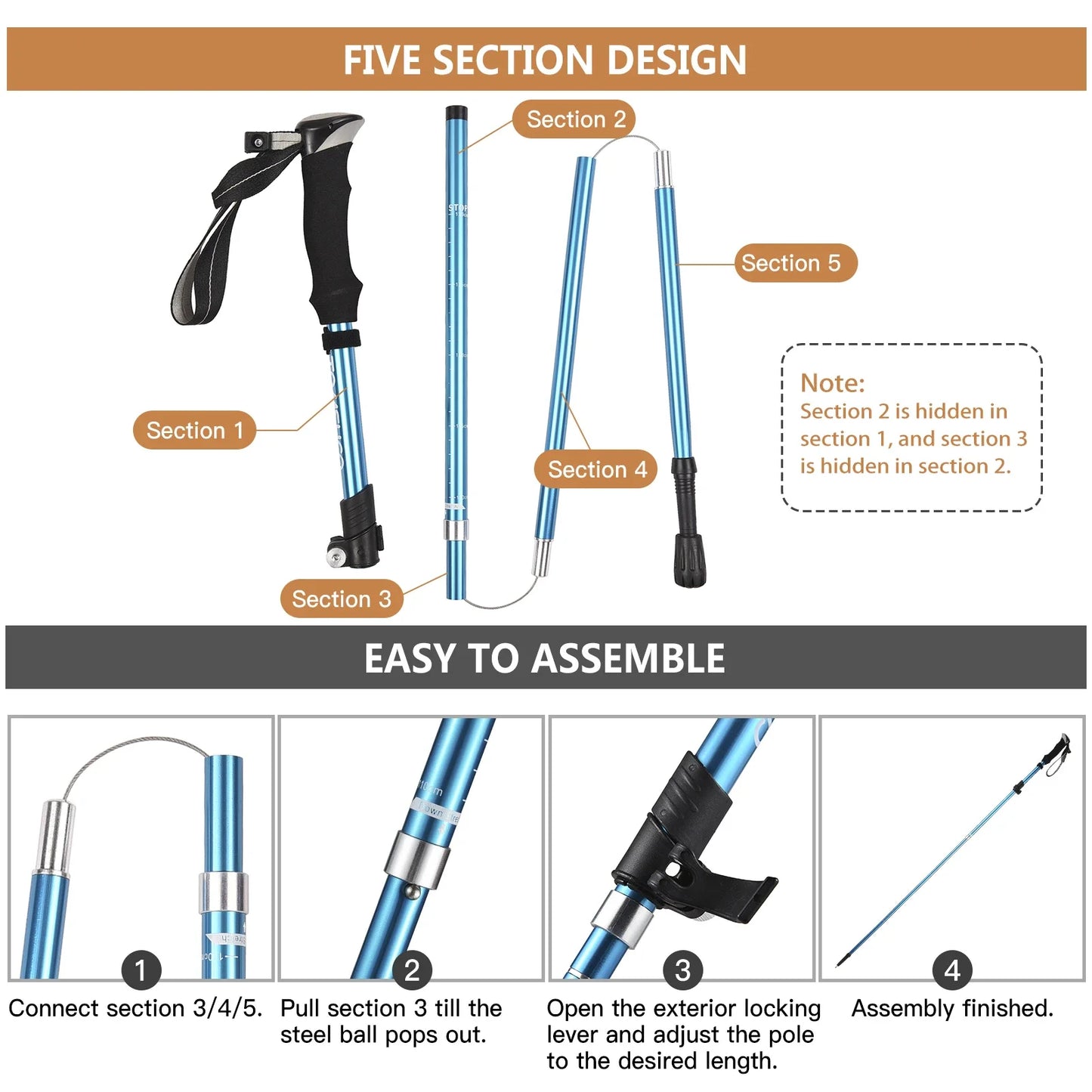 Ultralight Collapsible Climbing Stick Trekking Pole for Hiking, Camping, and Mountaineering - 5-fold Walking Stick