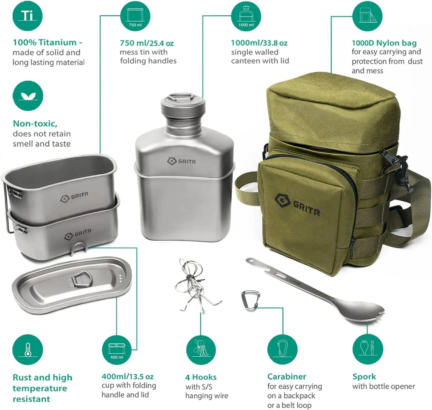 Canteen Mess Kit | Lightweight Durable Compact Portable Hiking Outdoor Camping Cookware Set