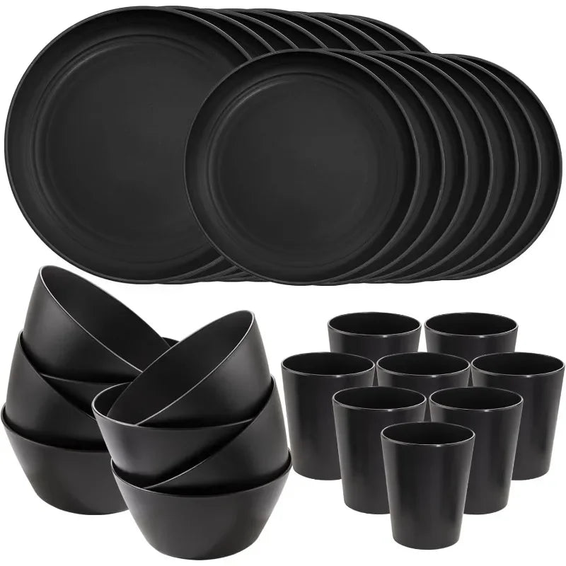 48pcs Black Wheat Straw Dinnerware, Plates and Bowls Set, Camping Dish Set for 12, Plastic Dinnerware Set, Dishwasher Safe