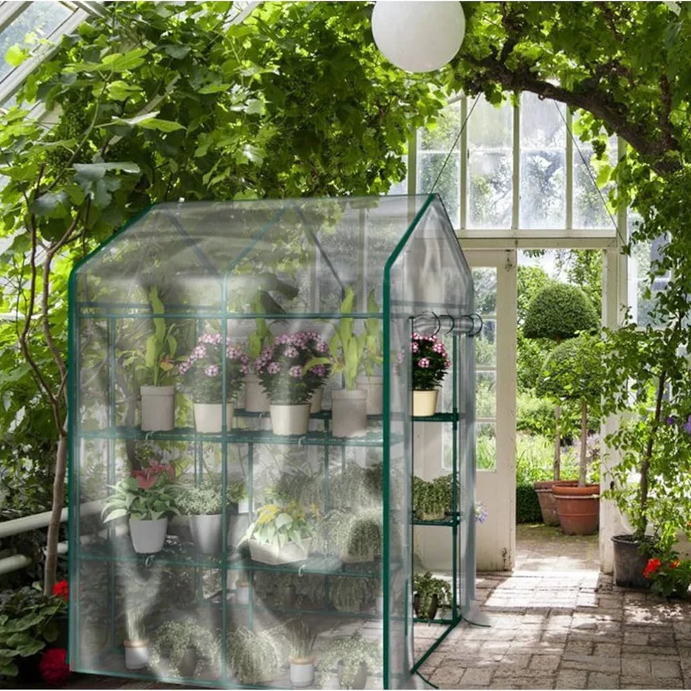 Greenhouse - Walk in Greenhouse with 8 Sturdy Shelves and PVC Cover for Indoor or Outdoor Use - 56 x 56 x 7