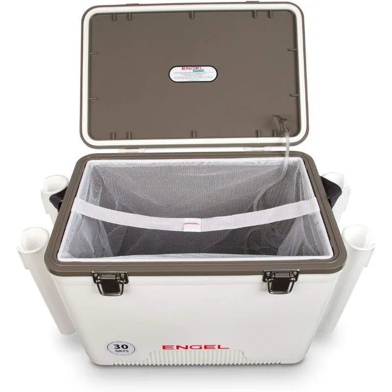 Engel 30qt Live Bait Cooler Box with 2nd Gen 2-Speed Portable Aerator Pump and 4 x Fishing Rod Holder Attachments.