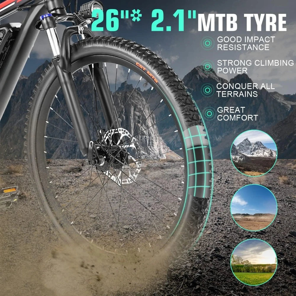 500W 26" Electric Bike for Adults, Up to 55 Miles,Electric Mountain Bike, 2.1" eMTB Tire, 21 Speed, Adults Electric Bicycle