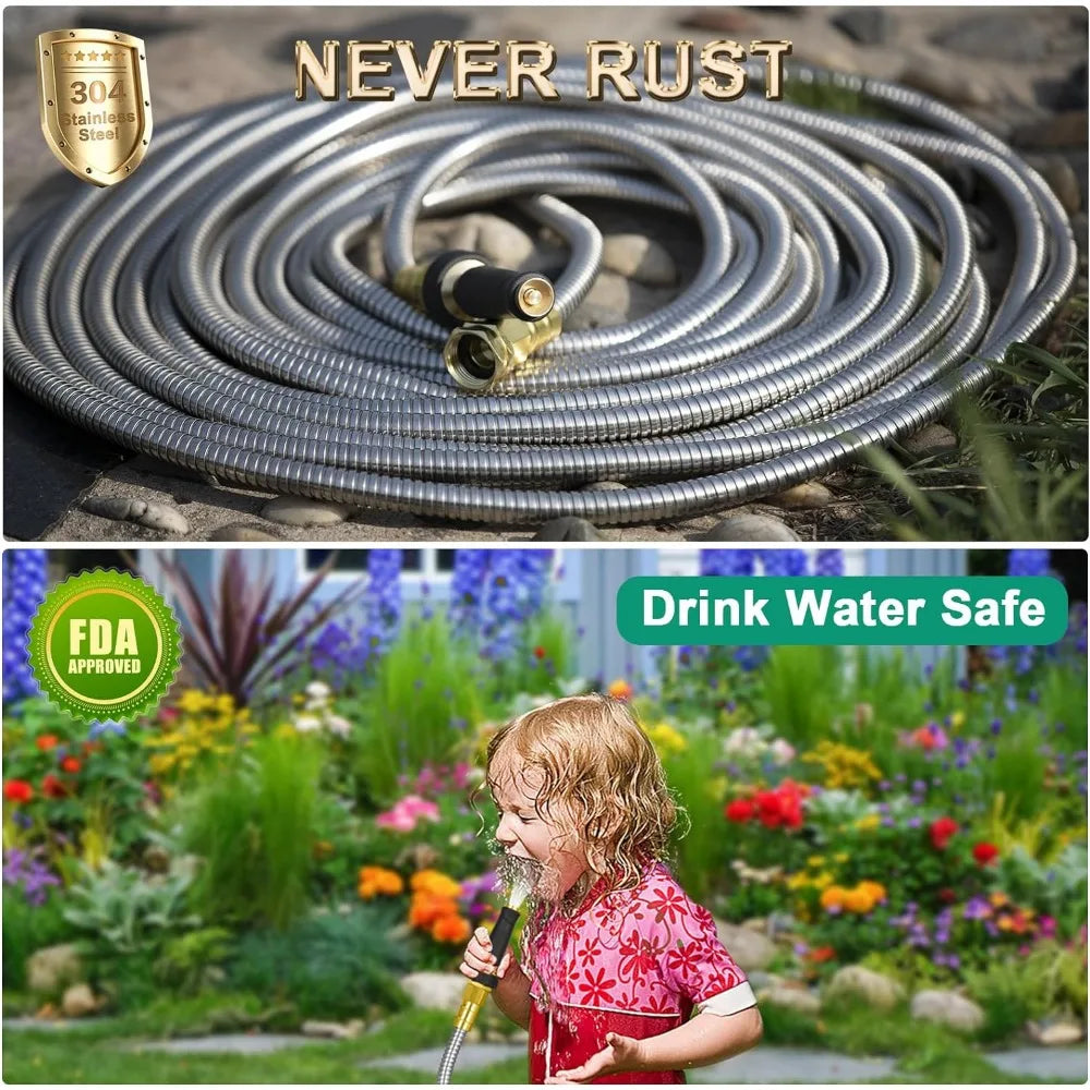 Metal Garden Hose 100FT with Brass Nozzle, Stainless Steel 304 Water Hose, Flexible No Kink Hose