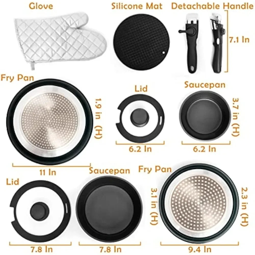 Stackable Pots And Pans Set, Dishwasher safe, Induction Pots And Pans, Aluminum Camping Cookware Set. 10 Pcs Black Kitchen Set.