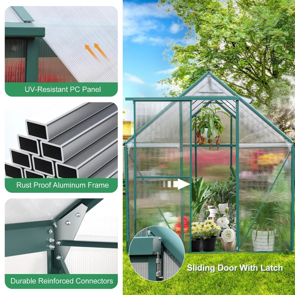 Polycarbonate Greenhouse for Outdoors, Heavy Duty Aluminum Greenhouses kit with Vent, locking door