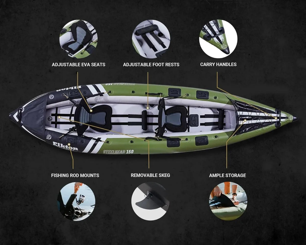 Steelhead Inflatable Fishing - Angler Kayak, Includes Paddle, Seat, Bungee Storage