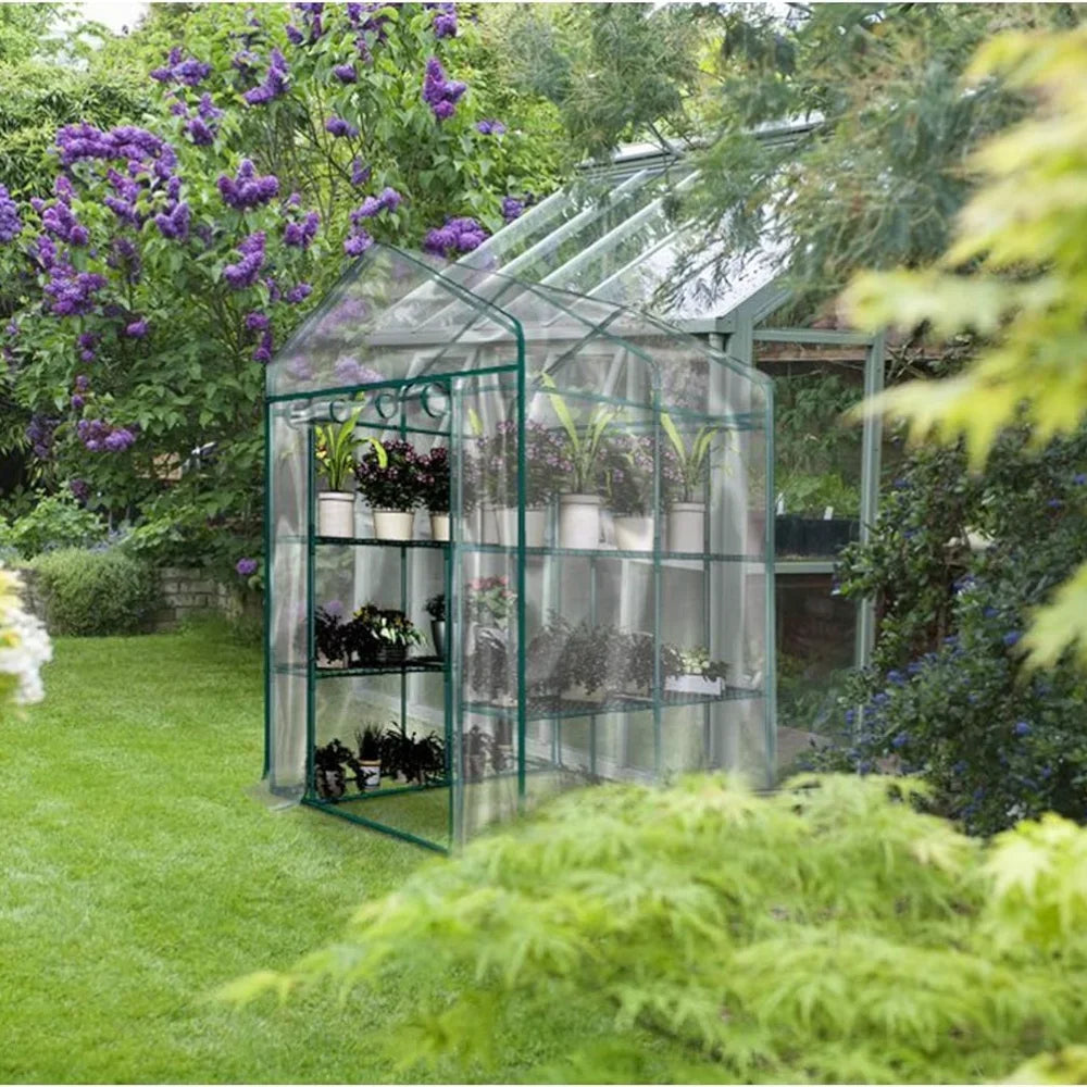 Greenhouse - Walk in Greenhouse with 8 Sturdy Shelves and PVC Cover for Indoor or Outdoor Use - 56 x 56 x 7