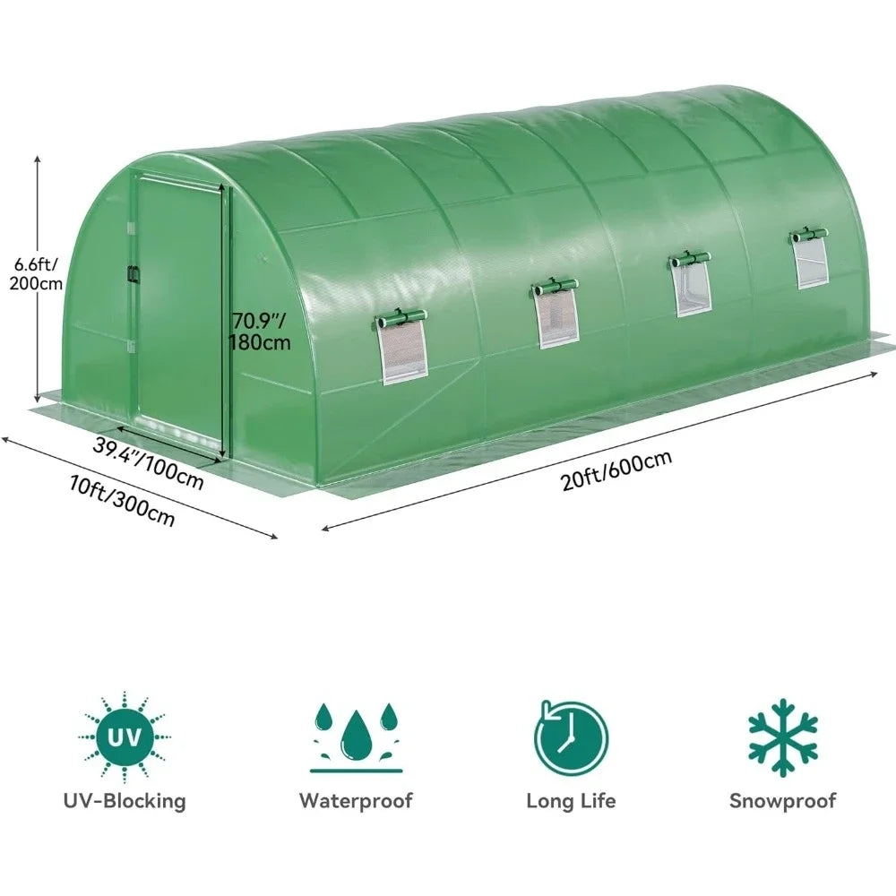 Tunnel Greenhouse Outdoor 8 Window Gardening Upgrade Galvanized Steel Garden 20x10x7 Feet Super Large