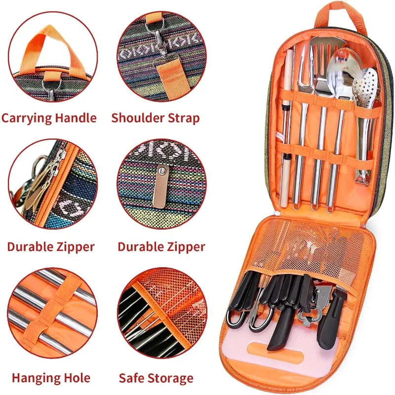 Portable Camping Kitchen Utensil Set-27 Piece Cookware Kit, Stainless Steel Outdoor Cooking and Grilling Utensil Organizer