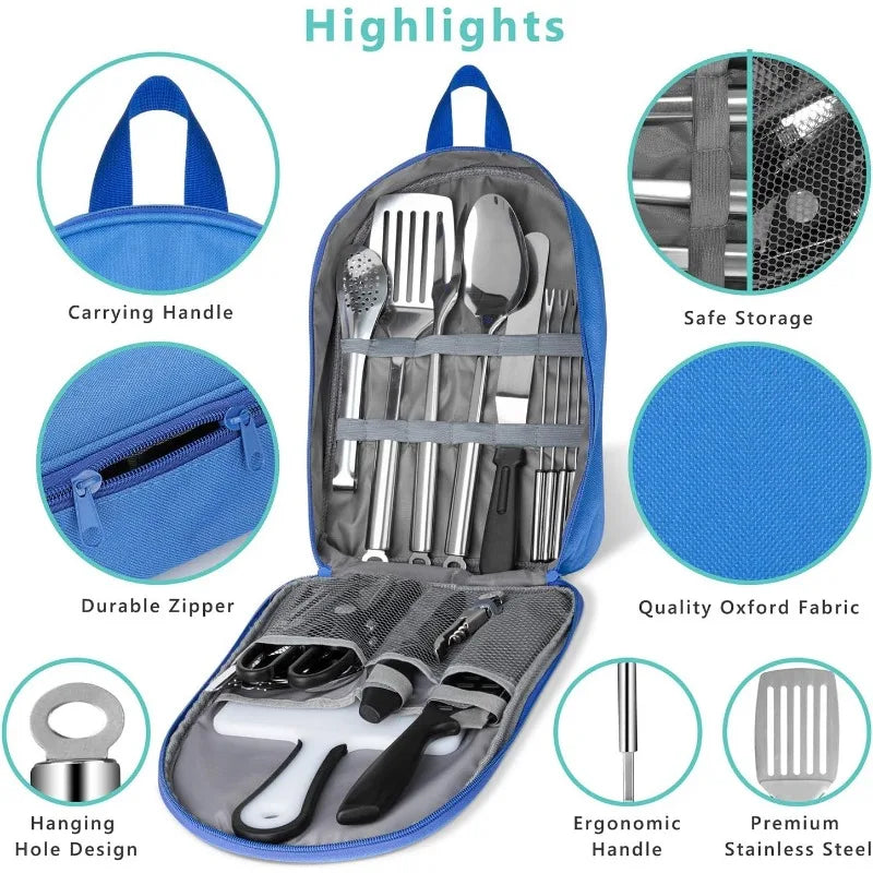 Portable Camping Kitchen Utensil Set, 27-Piece Stainless Steel Outdoor Cooking and Grilling Utensil Organizer