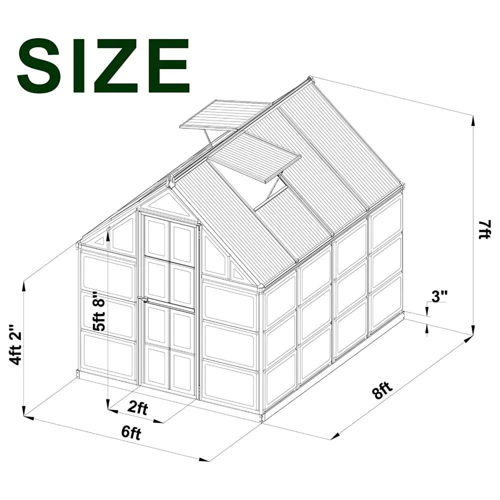 2024  New 6x8 FT Hybrid Polycarbonate Greenhouse with Lockable Hinged Door 2 Vent Window