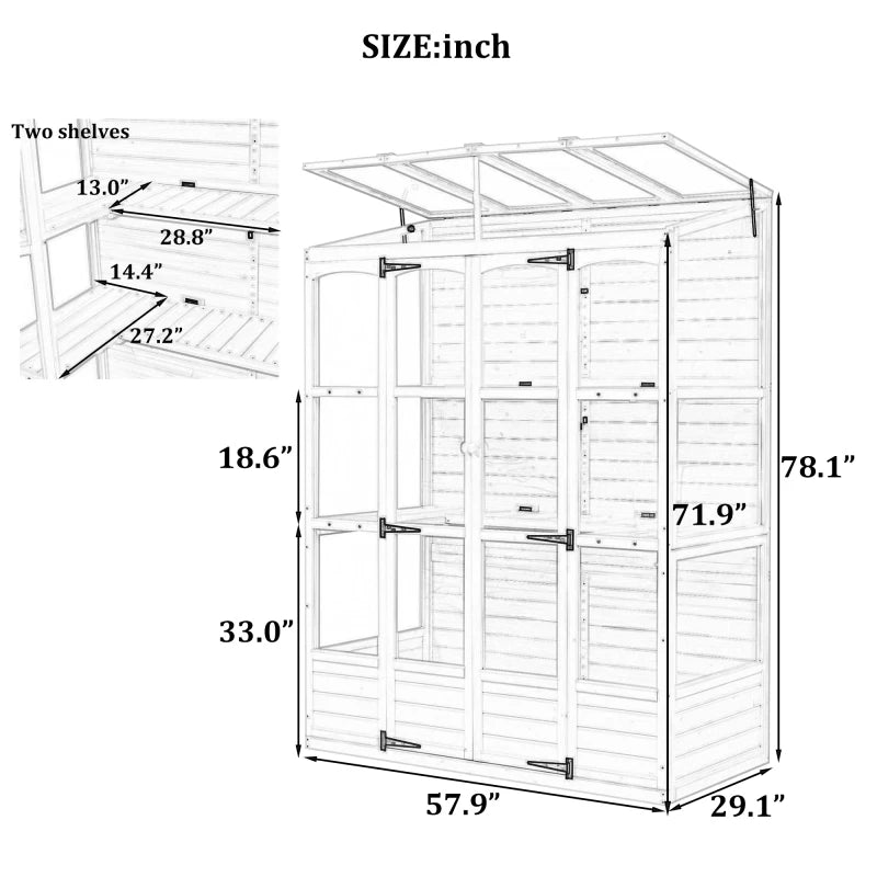 78inch Wooden Greenhouse Cold Frame with 4 Independent Skylights and 2 Folding Middle Shelves, Walk-in Outdoor Greenhouse