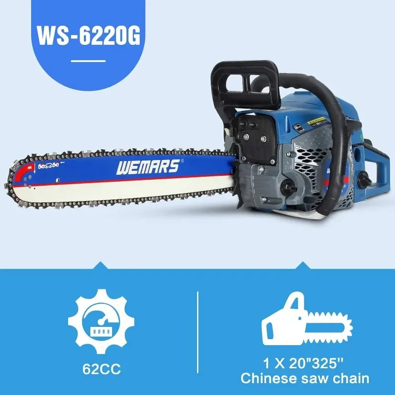 62cc Gas Chainsaw 20 Inch Power Chain Saws 2 Stroke Handed Petrol Chainsaws Gasoline Chain Saw Garden Tool