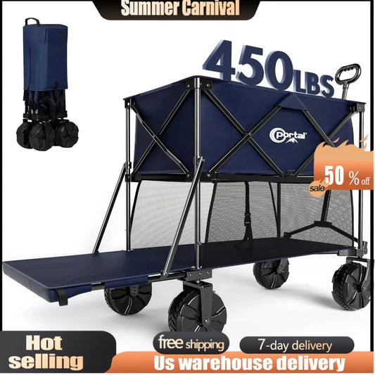 Collapsible Double Decker Wagon, Folding Wagon Cart with Tailgate, 450LB Heavy Duty Foldable Wagon