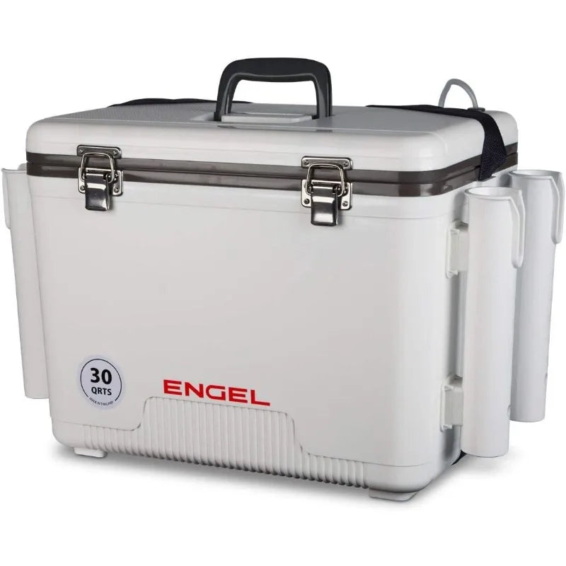 Engel 30qt Live Bait Cooler Box with 2nd Gen 2-Speed Portable Aerator Pump and 4 x Fishing Rod Holder Attachments.