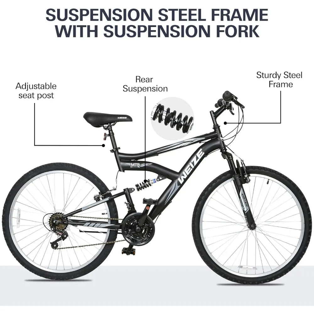 Mountain Bike, 26 Inch Outdoor Cycling Bike, 18-Speed/High-Carbon Steel/Dual Full Suspension, Adjustable Ergonomic Seat