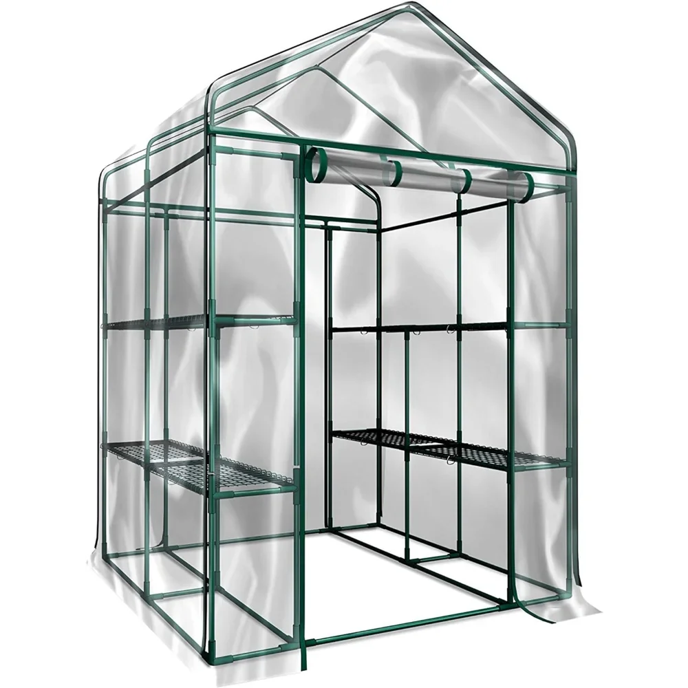 Greenhouse - Walk in Greenhouse with 8 Sturdy Shelves and PVC Cover for Indoor or Outdoor Use - 56 x 56 x 7