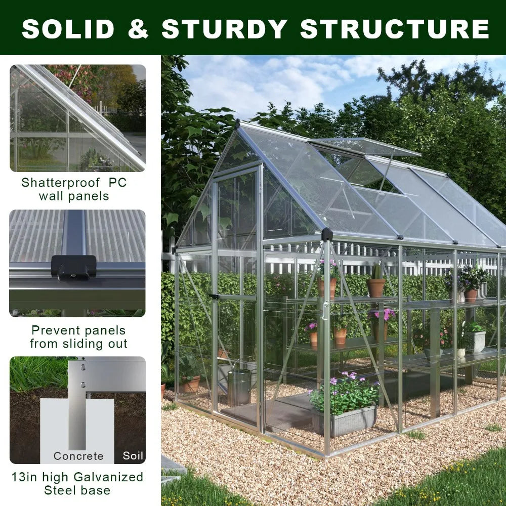 2024  New 6x8 FT Hybrid Polycarbonate Greenhouse with Lockable Hinged Door 2 Vent Window