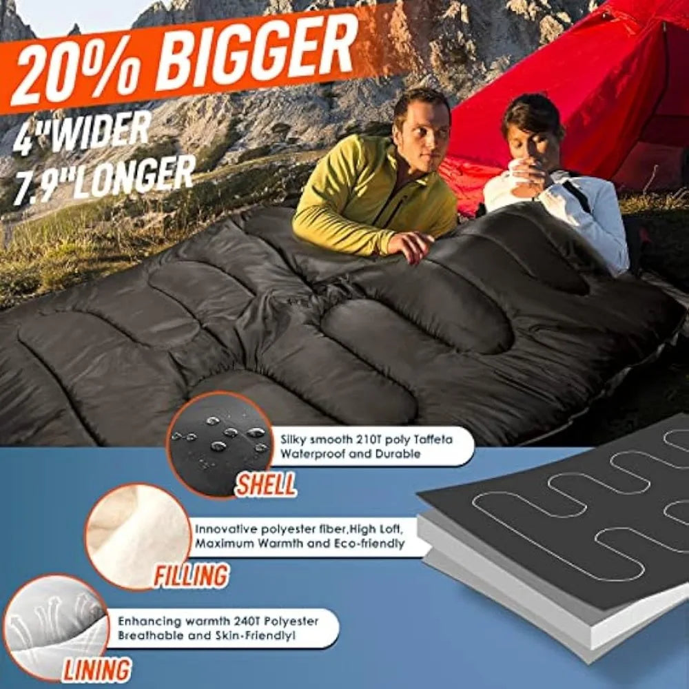 Double Sleeping Bag for Adults Mens with Pillow, XL Queen Size Two Person Sleeping Bag for All Season