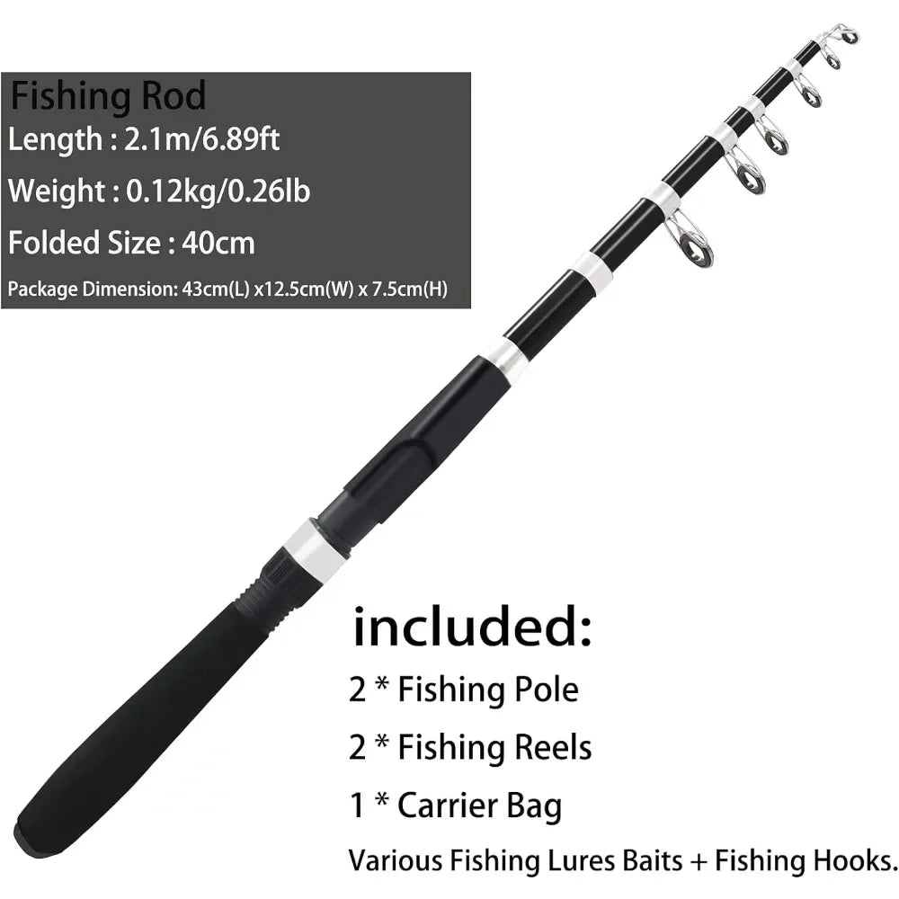 Fishing Pole Combo Set,2.1m/6.89ft 2PCS Collapsible Rods 2P Spinning Reels