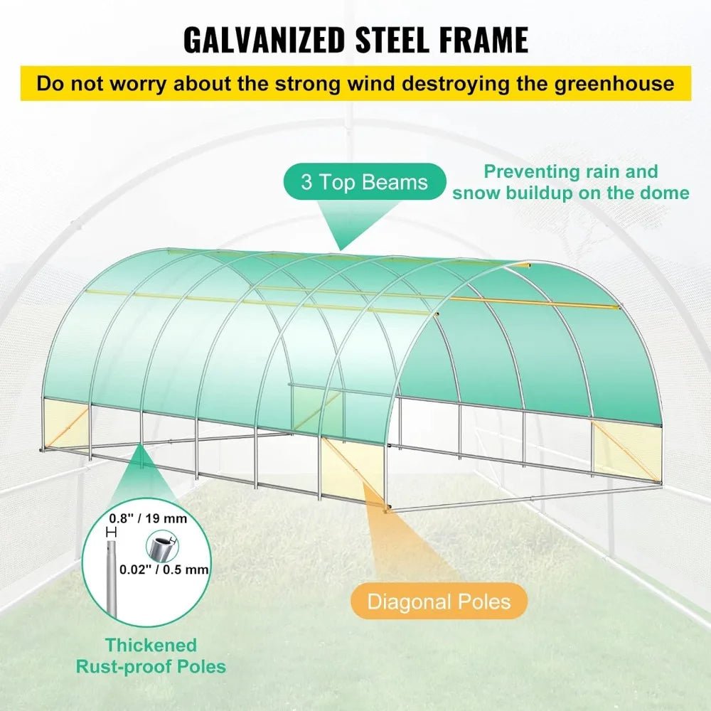 20 x 10 x 7 ft Walk-in Tunnel Greenhouse, w/ Galvanized Steel Hoops, 3 Top Beams, 2 Zippered Doors