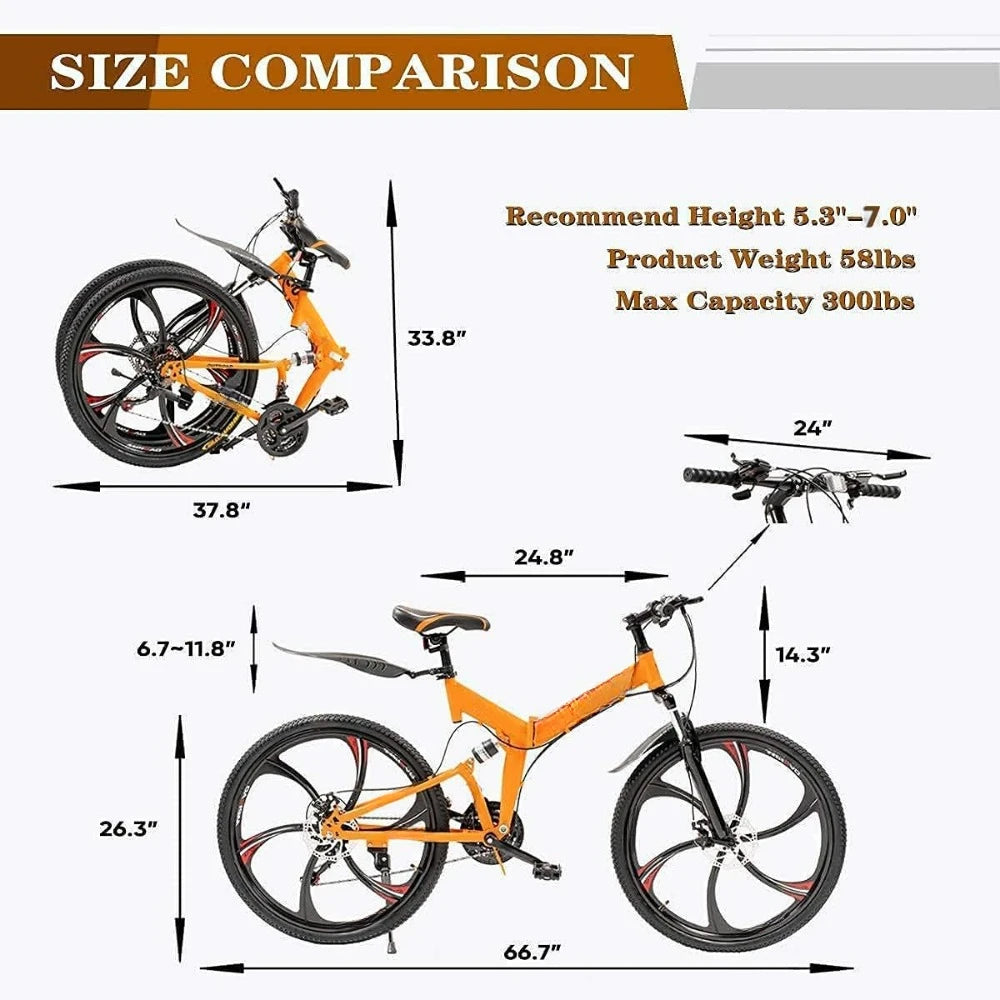 Outroad 26 Inch Folding Mountain Bike, 21 Speed Full Suspension High-Carbon Steel MTB Foldable Dual Disc Brake Non-Slip