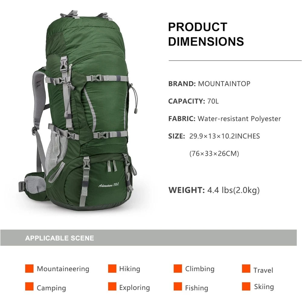 70L Internal Frame Backpack Camping Backpacking  for Men Women with Rain Cover