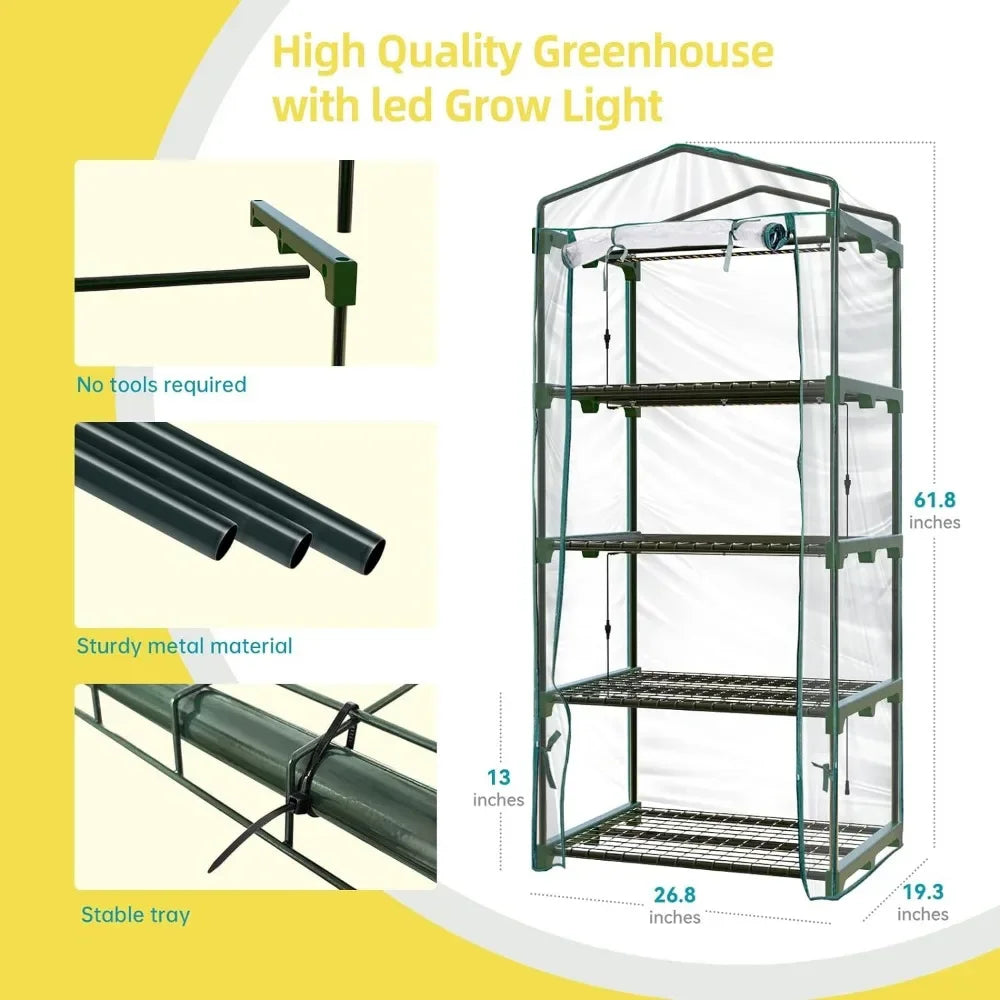 Indoor Greenhouse with Grow Lights, 4 Tier 27.2" L×19.9" W×61.8" H Mini Greenhouse with Zippered PVC Cover for Seed Starting