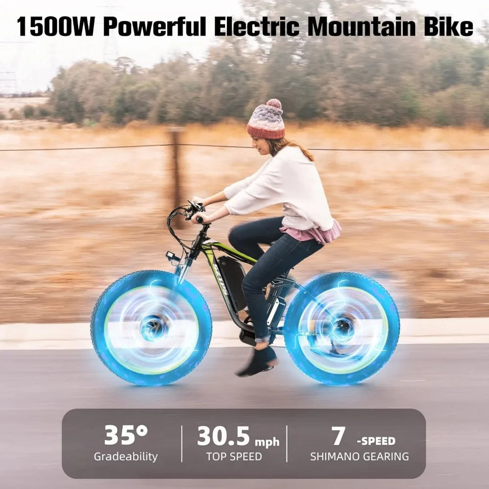 1500W Electric Bike for Adults, 26" Fat Tire Electric Mountain Bicycle, 48V 22.4Ah Removable Li-Ion Battery