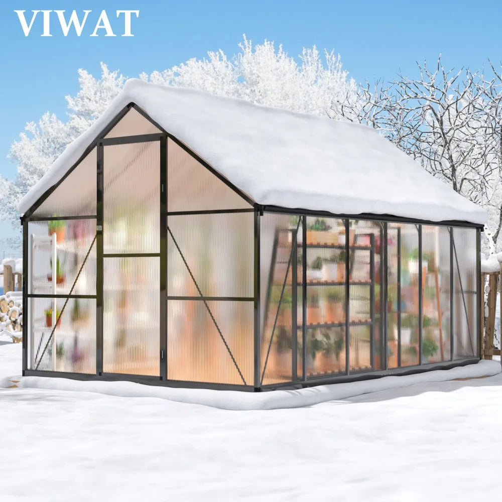 2024 12x8 FT Greenhouse for Outdoors, Polycarbonate with Quick Setup Structure and Roof Vent, AluminumGreenhouse