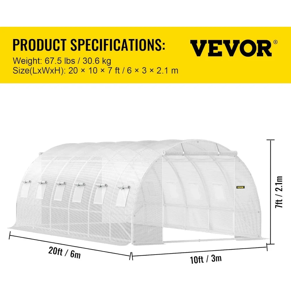 20 x 10 x 7 ft Walk-in Tunnel Greenhouse, w/ Galvanized Steel Hoops, 3 Top Beams, 2 Zippered Doors