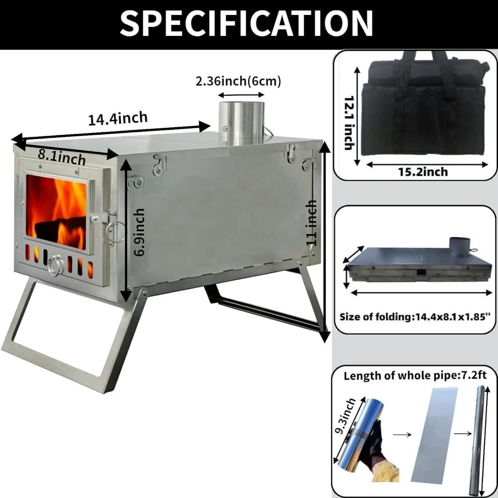 Folding Hot Tent Wood Stove for Camping with 7.2ft Chimney, Portable Tent Stoves Wood Burning Backpacking, Cooking