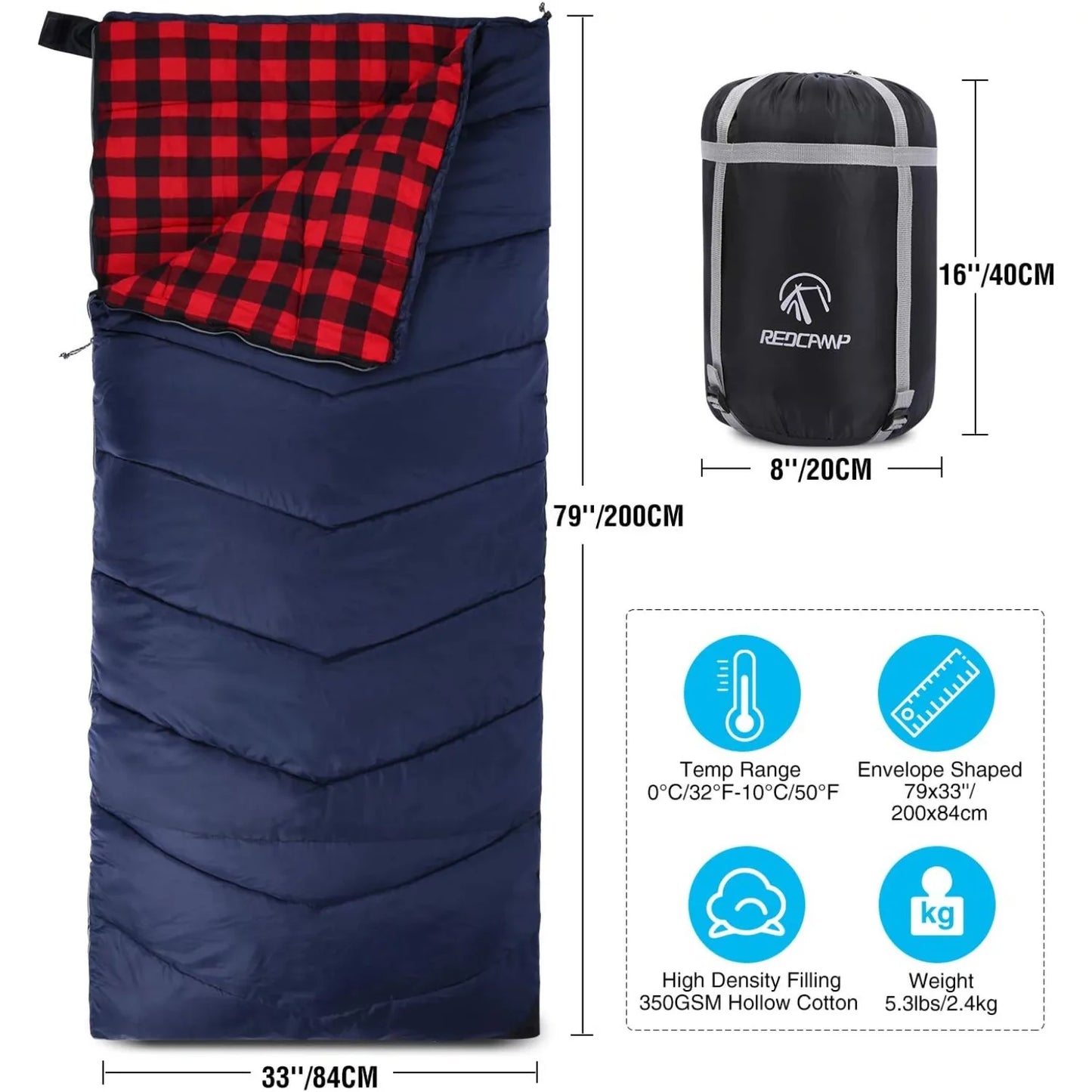 REDCAMP Cotton Flannel Sleeping Bag for Camping Backpacking, Adults Cold Weather Envelope