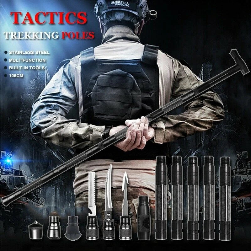 Tactical Trekking Poles Outdoor Camping Multi Tool Kit Walking Cane Hiking Stick Survival Hunting Self Defense Alpenstock