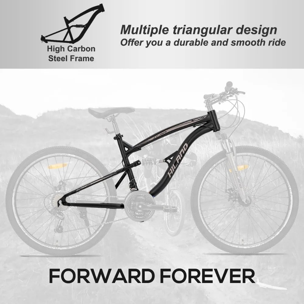 Full Suspension Mens Mountain Bike, Shimano 21 Speed, 26 Inch Wheel, Dual Disc Brake Bike for Men Womens Adult Bicycle