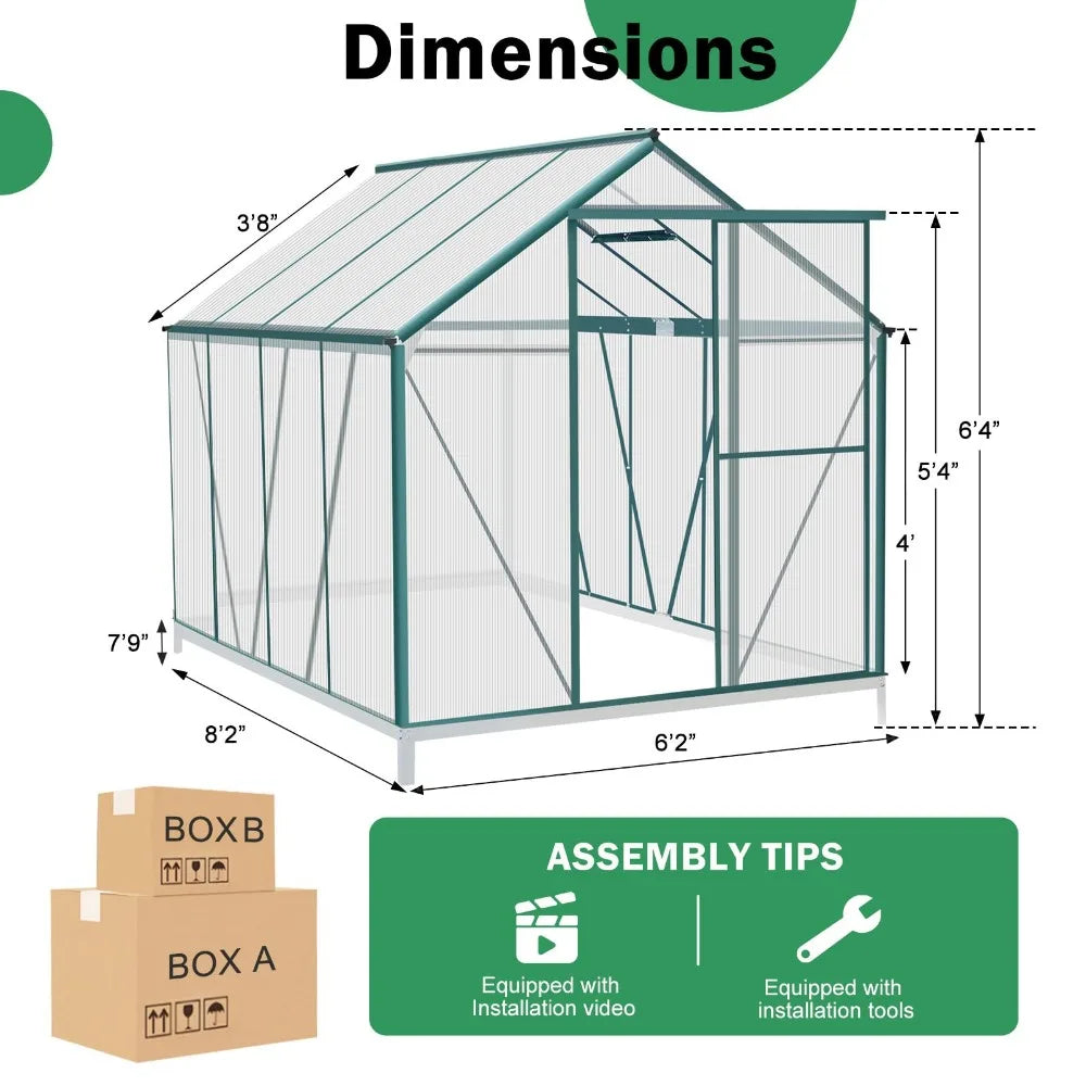 Polycarbonate Greenhouse for Outdoors, Heavy Duty Aluminum Greenhouses kit with Vent, locking door