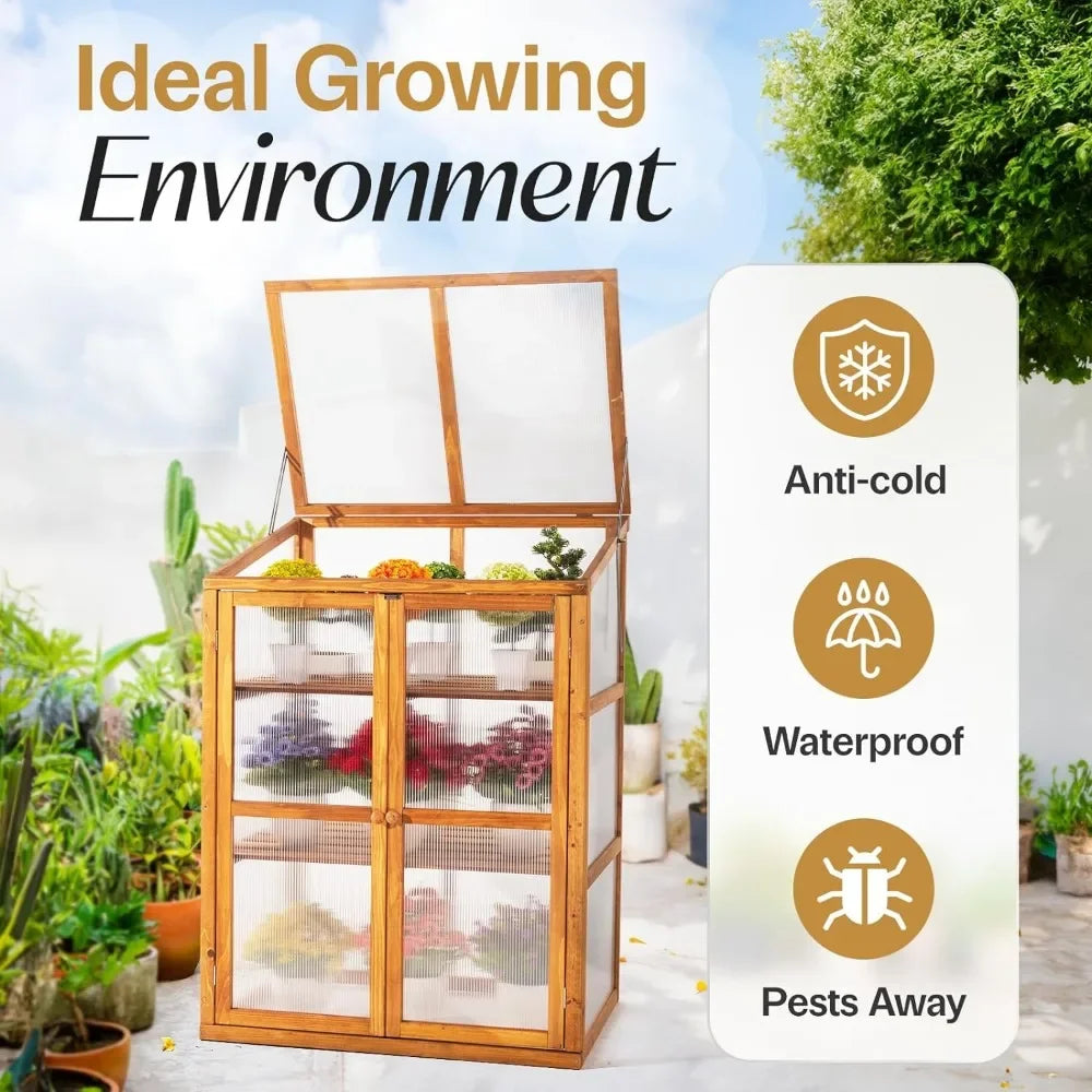 2-tier Greenhouse Cabinet With Transparent Polycarbonate Sheet and Foldable Top Greenhouse