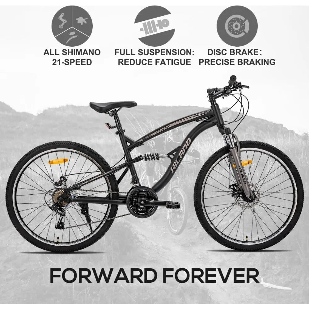 Full Suspension Mens Mountain Bike, Shimano 21 Speed, 26 Inch Wheel, Dual Disc Brake Bike for Men Womens Adult Bicycle