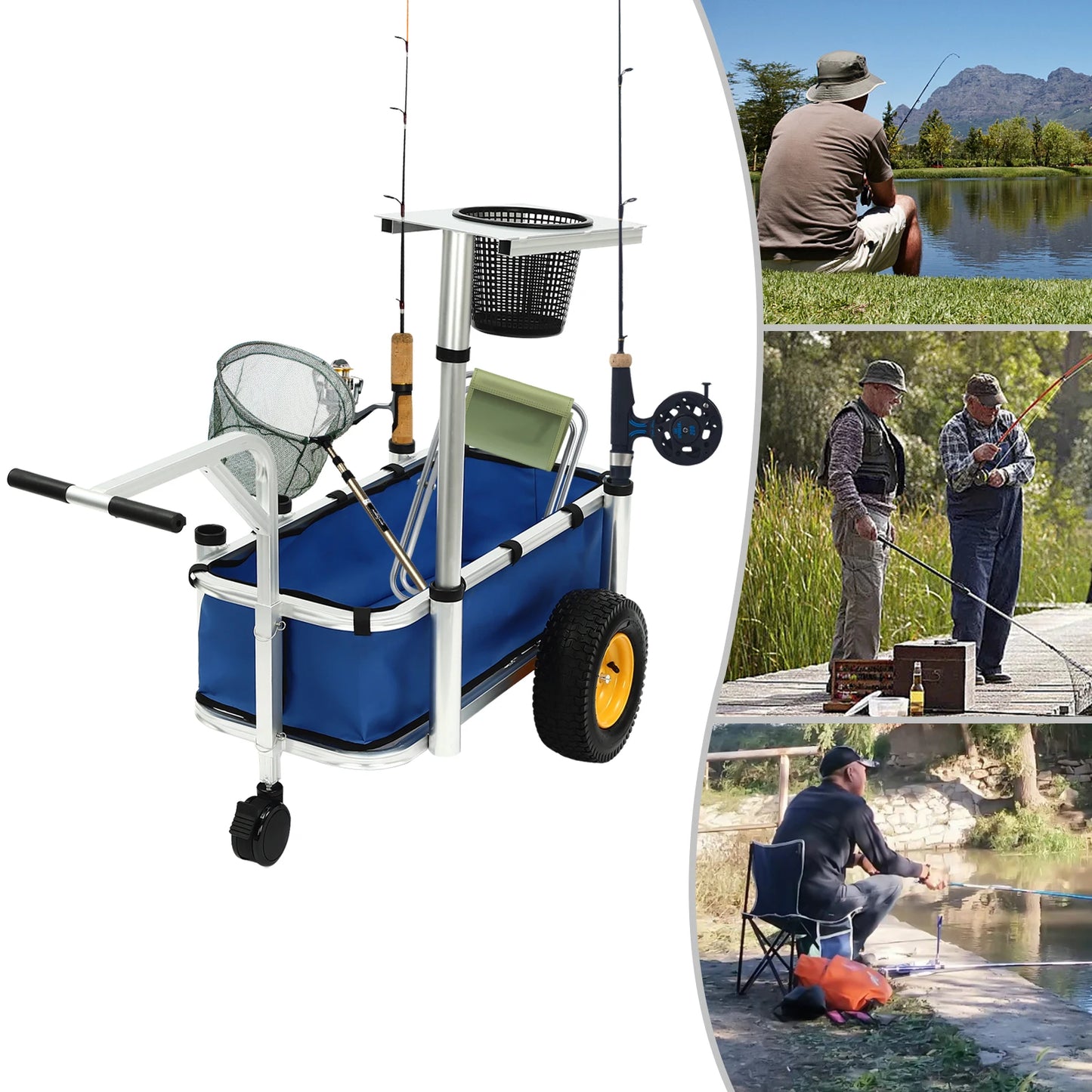 Outdoor Fishing Cart Aluminum Wagon-Rod Holders and Trolley 80kg Push Hand Cart