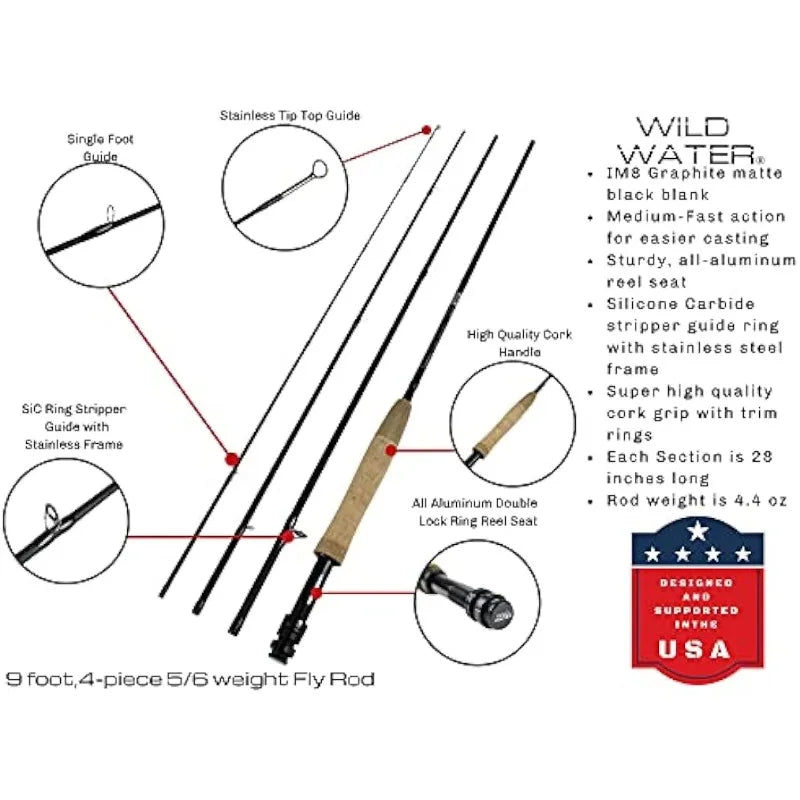 Wild Water Deluxe Fly Fishing Combo Starter Kit, 5 or 6 Weight 9 Foot Fly Rod