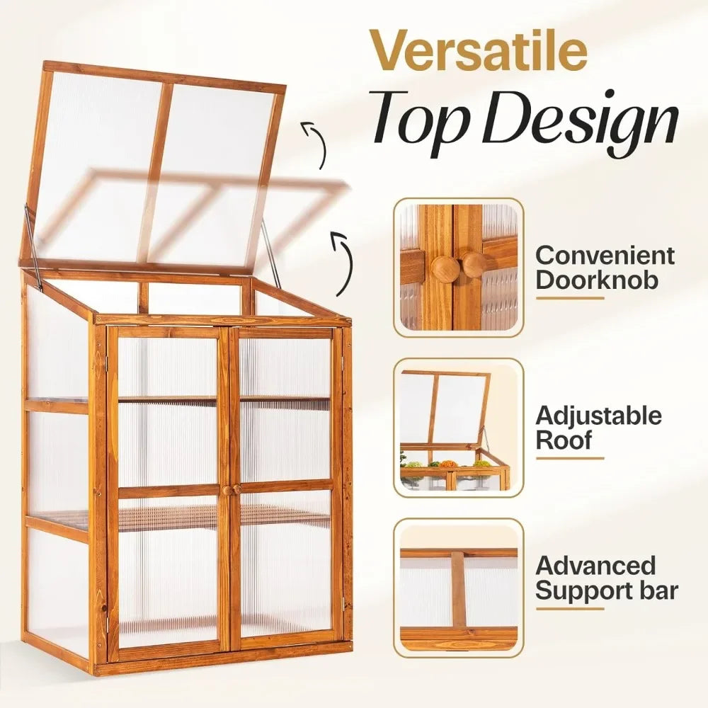 2-tier Greenhouse Cabinet With Transparent Polycarbonate Sheet and Foldable Top Greenhouse