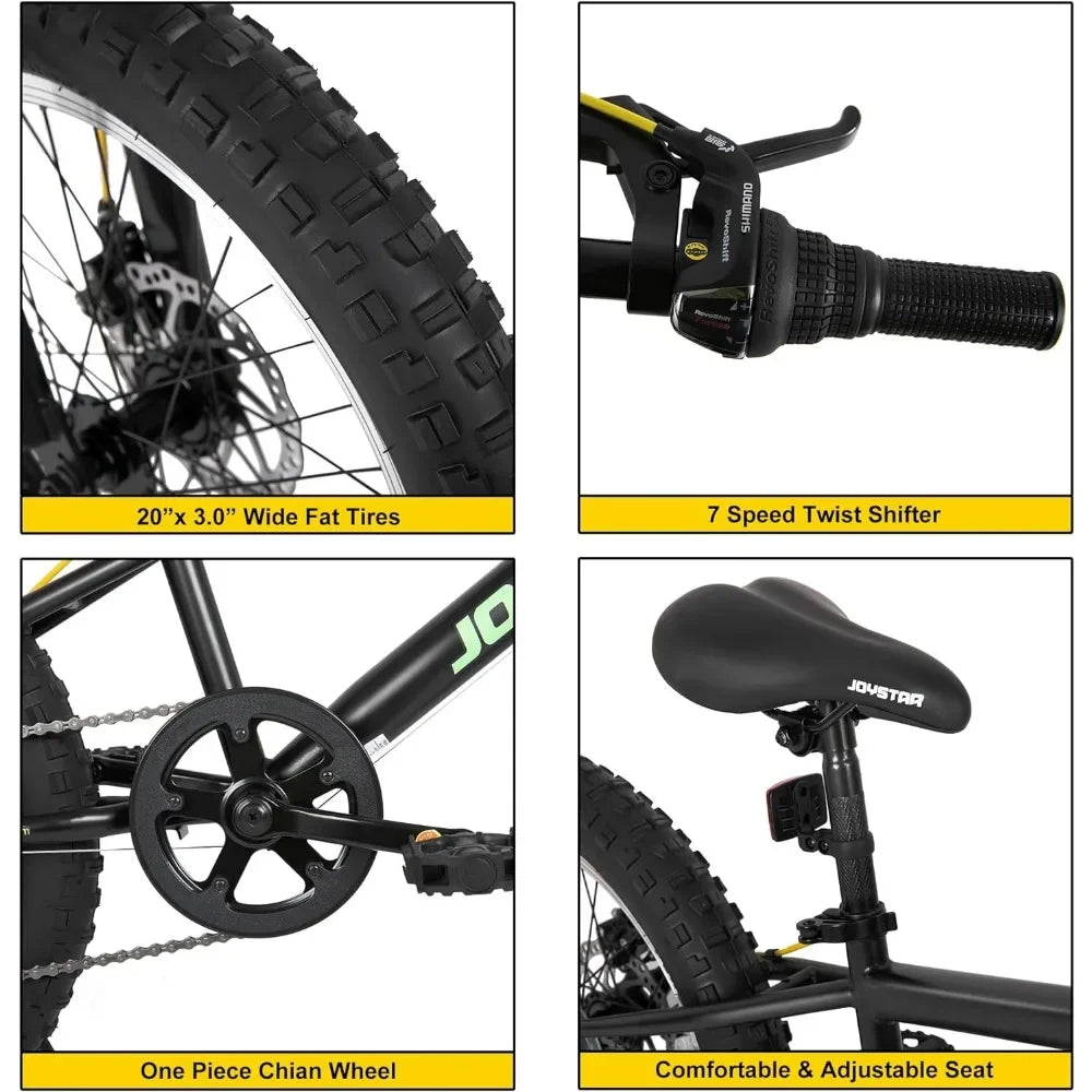 Mountain Bike 20 Inch Mountain Bike for Kids Ages 7-12 Year Old, 7 Speed Shimano Drivetrain, Fat Tire Bike