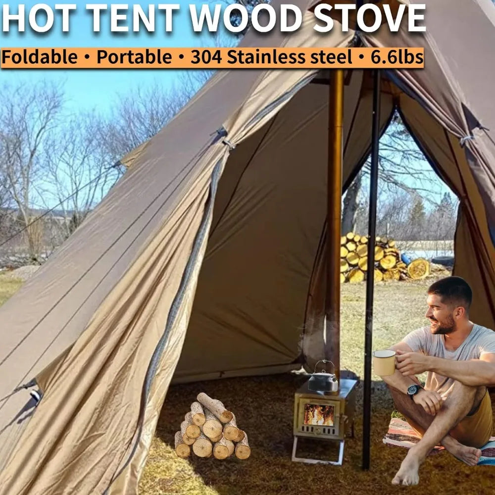 Folding Hot Tent Wood Stove for Camping with 7.2ft Chimney, Portable Tent Stoves Wood Burning Backpacking, Cooking