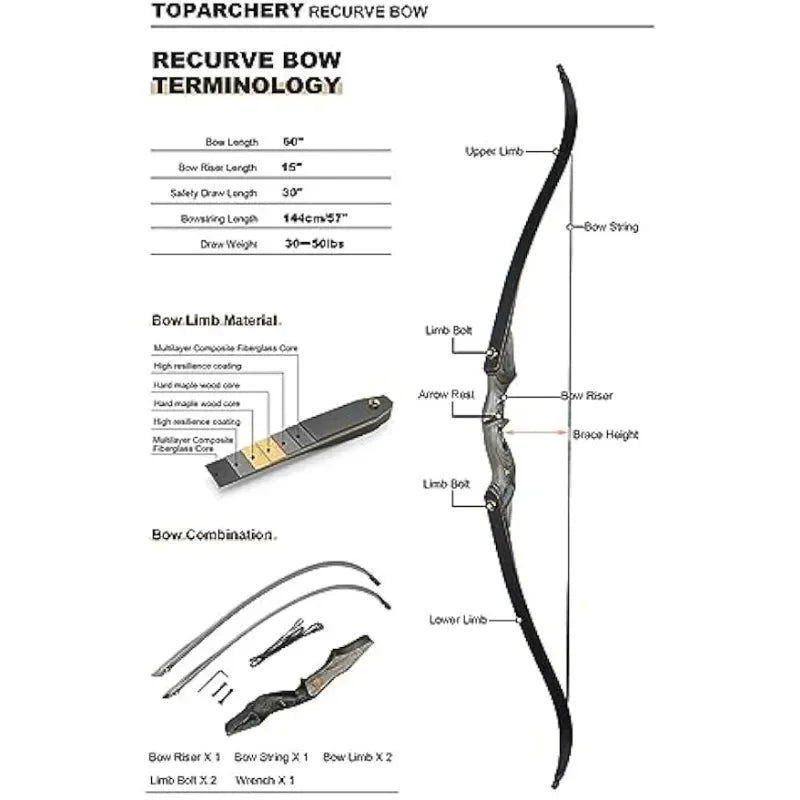 60'' Archery Recurve Bow Takedown Bow Hunting Bow and Arrow Set Adult Target Practice, Competition