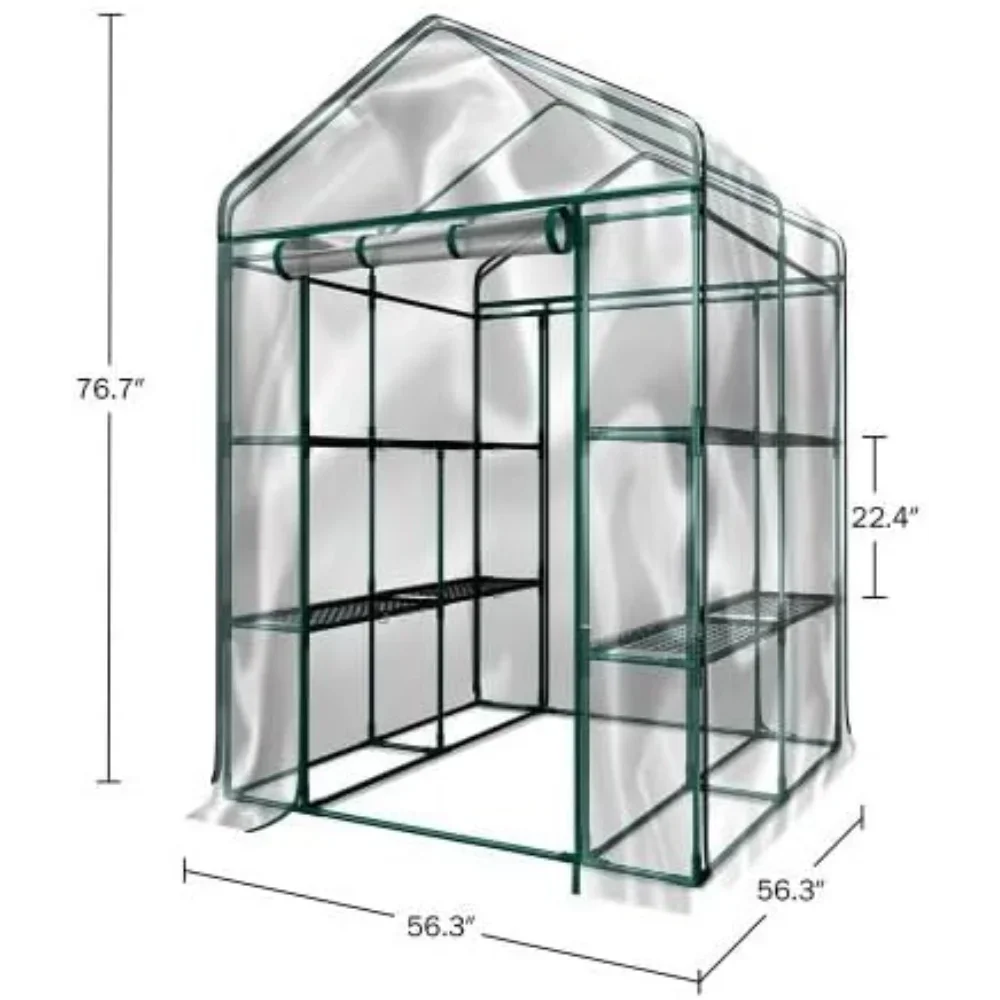 Greenhouse - Walk in Greenhouse with 8 Sturdy Shelves and PVC Cover for Indoor or Outdoor Use - 56 x 56 x 7