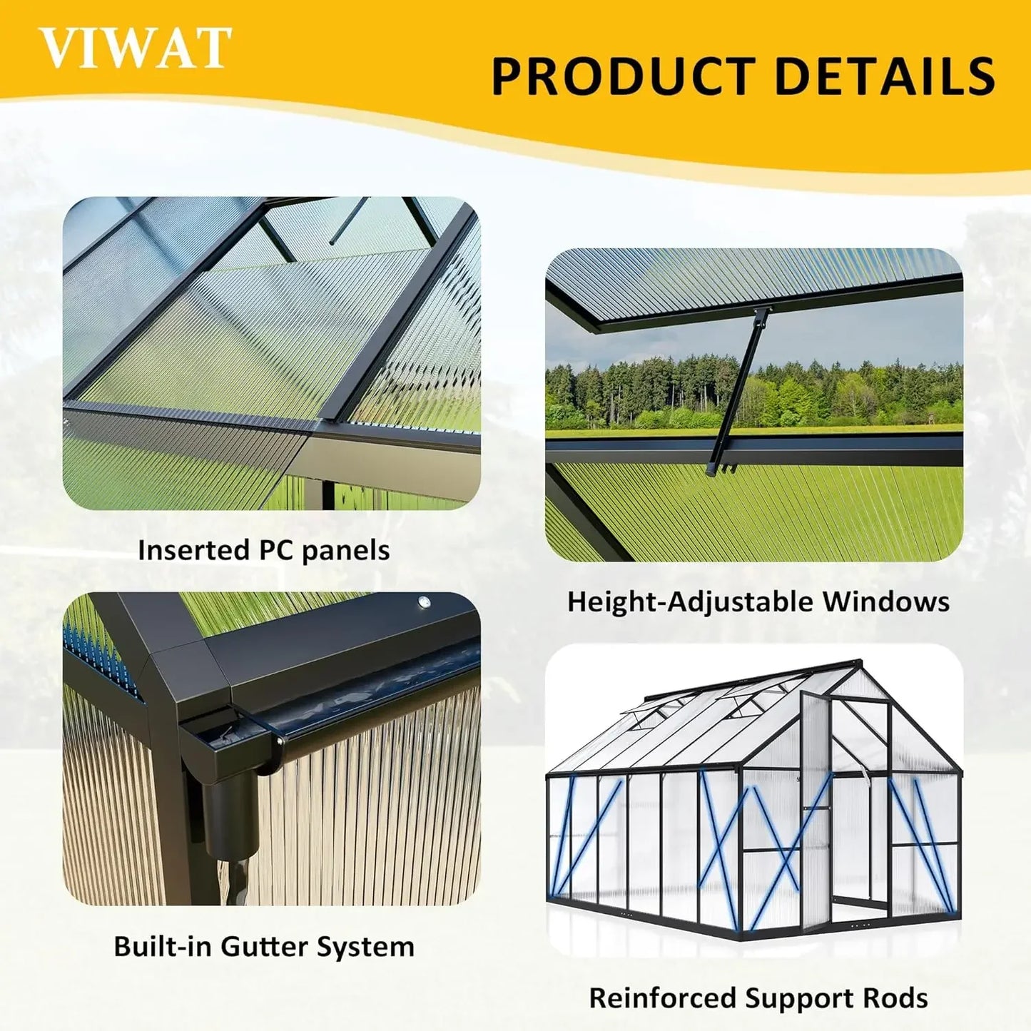 Greenhouse for Outdoors Polycarbonate Greenhouse with Quick Setup Structure and Roof Vent